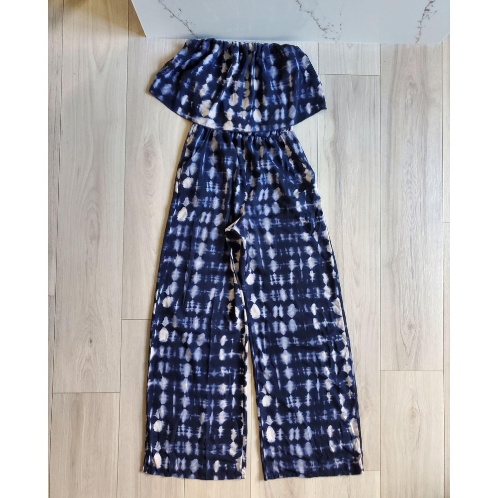 Tyche Jumpsuit Womens M Blue Tie Dye Strapless Wide Leg Elastic Waist USA Made